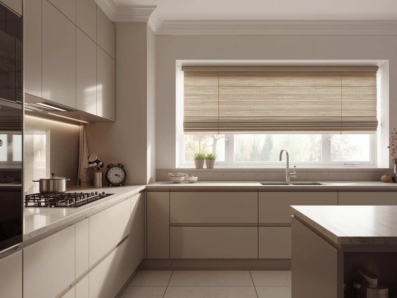 Modern kitchen with stylish roller blinds
